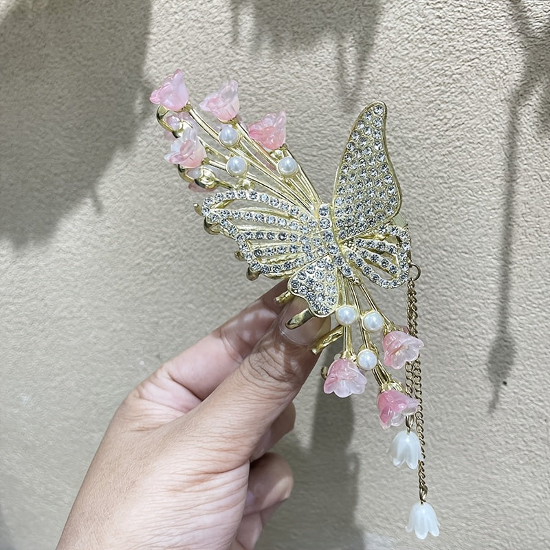Elegante Schmetterlings-Haarnadeln aus Legierung mit Strasssteinen und Kunstperlen, große Haaraccessoires aus Metallquaste für Damen, perfekte Geschenkidee