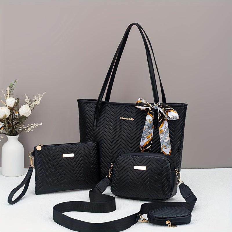 Flower-pressed Water Ripple Elegant Four-piece Set Tote Bag with Super Large Capacity Can Hold Tablet, Handbag, Crossbody Bag, Daily Commuting, Portable and Simple