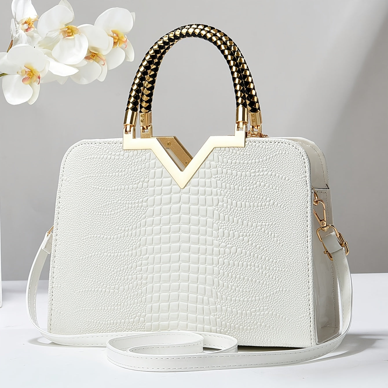 Fashion Crocodile Pattern Solid Color Large Capacity Tote Bag, White Women'S Handbag with Zipper Closure and Polyester Lining
