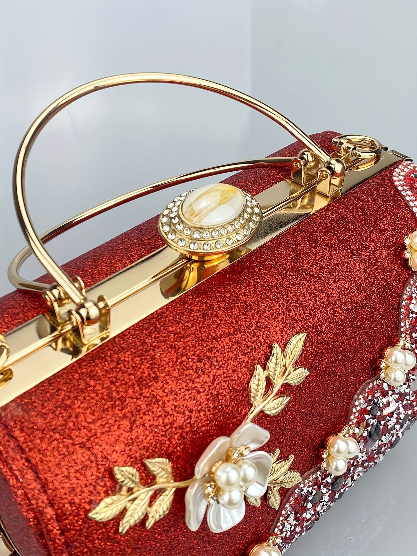 Glitter Rhinestone Evening Bag, Luxury Imitation Pearl Flower Decor Clutch Purse, Women's Dress Handbag For Wedding Party Prom Banquet