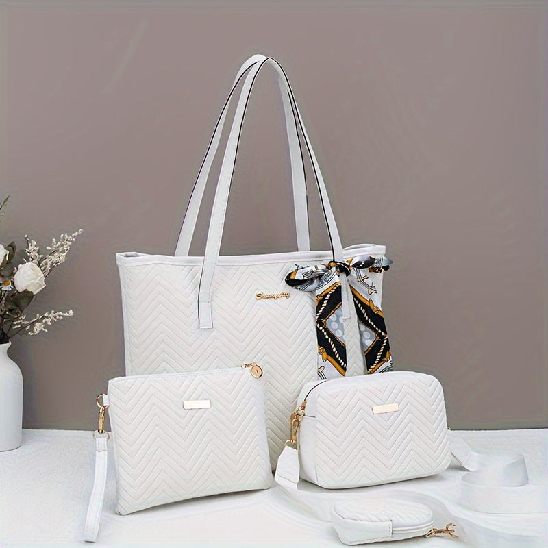 Flower-pressed Water Ripple Elegant Four-piece Set Tote Bag with Super Large Capacity Can Hold Tablet, Handbag, Crossbody Bag, Daily Commuting, Portable and Simple