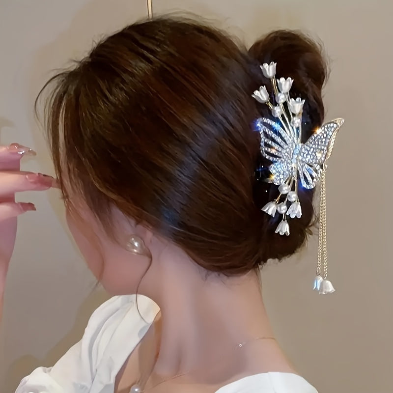 Elegante Schmetterlings-Haarnadeln aus Legierung mit Strasssteinen und Kunstperlen, große Haaraccessoires aus Metallquaste für Damen, perfekte Geschenkidee