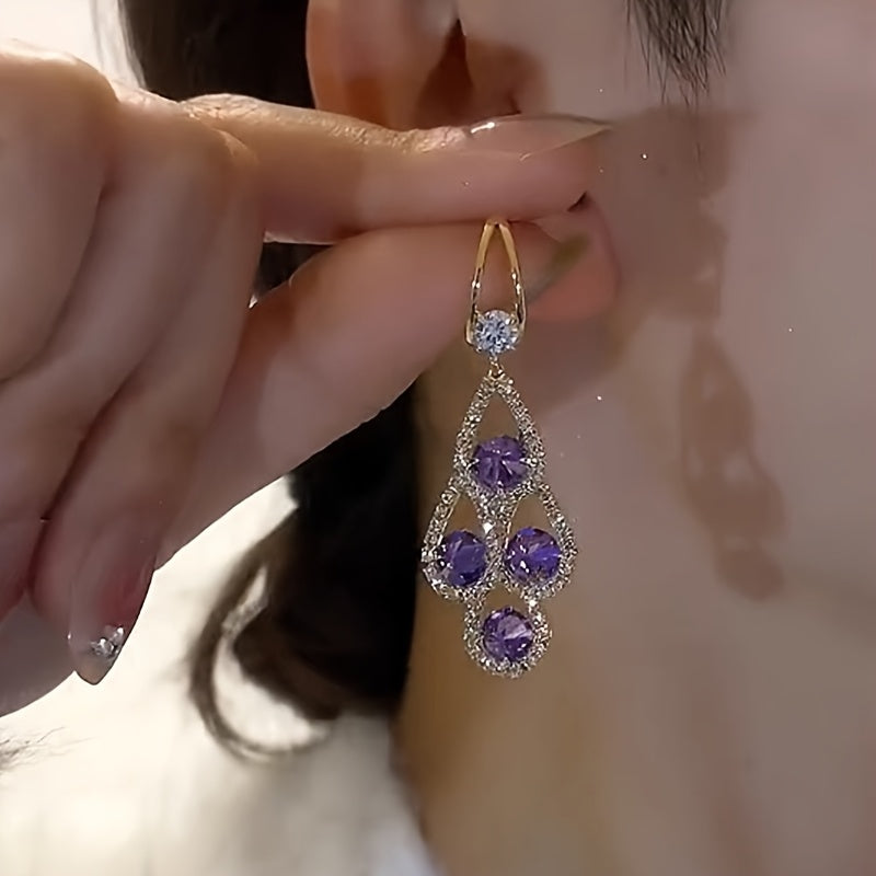 Elegant Purple Rhinestone Tassel Earrings - Luxury Water Drop Design, Alloy with 925 Silvery Posts for Women's Daily & Party Wear