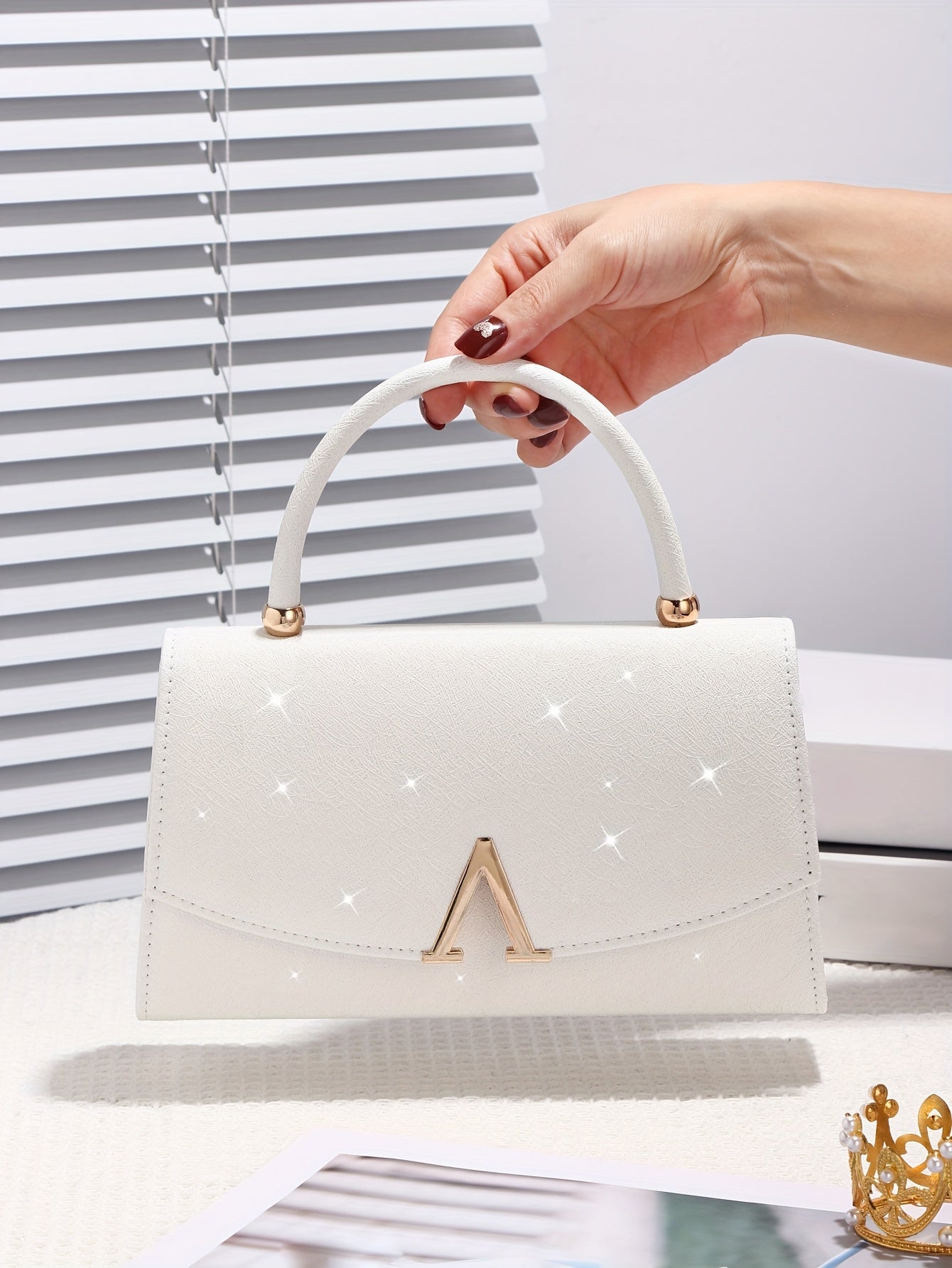Elegant White Evening Clutch with Sequin Embellishment, Large Capacity Tote with V-Shaped Metal Detail, Anti-Theft Buckle Closure, Nylon Lined, Polyester Material, Urban Style for Weddings, Parties, Birthdays, Valentine'S Day