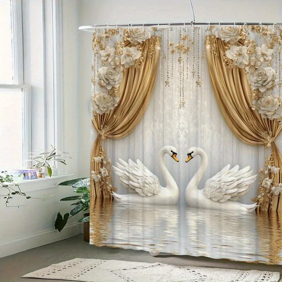 Elegant Swan Design Bathroom Drapery - Waterproof Woven Polyester Fabric with Easy Hang Hooks, Machine Washable, Artistic Floral & Golden Accents, Suitable for Home & Hotel