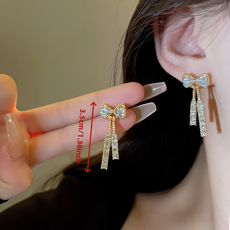 Elegant Bowknot Dangle Earrings with Sparkling Zirconia - Chic Alloy Fashion Jewelry for Women, Perfect for Daily Wear & Special Occasions