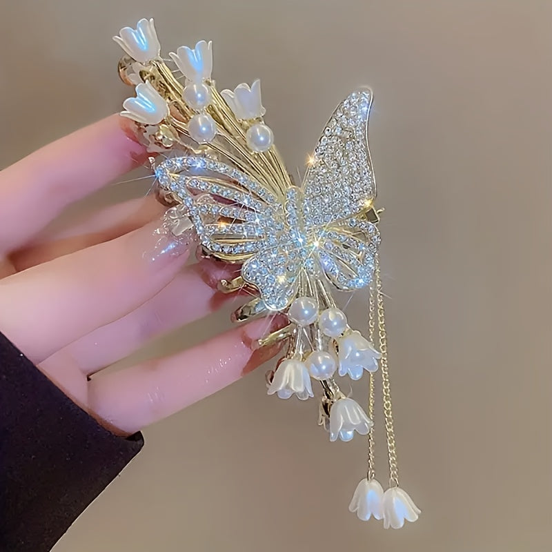 Elegant Butterfly Rhinestone Pearl Tassel Hair Clip – Large Zinc Alloy Fairy Accessory with Sparkling Crystals and Pearls, Perfect for Updos and Special Occasions, Butterfly Decorations