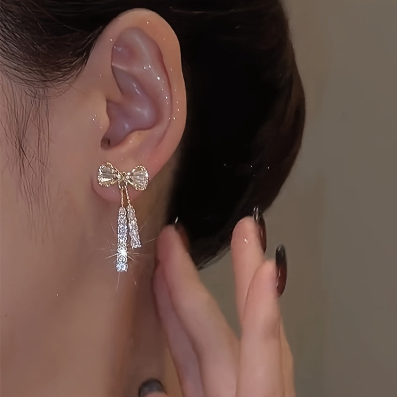 Elegant Bowknot Dangle Earrings with Sparkling Zirconia - Chic Alloy Fashion Jewelry for Women, Perfect for Daily Wear & Special Occasions