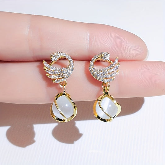 Elegant Swan Pendant Earrings - 14k Golden Plated, Alloy with Resin Accents, Perfect for Birthday & New Year Gifts