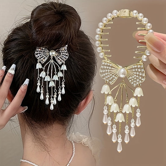 New High-end Bun Head Girl Retro Rhinestone Imitation Pearl Lily Of The Valley Back Hairpin