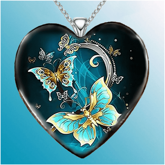 Exquisite Heart-shaped Blue And Green Butterfly Pattern Alloy Pendant Necklace For Gift Ornament Accessory Fashion Jewelry