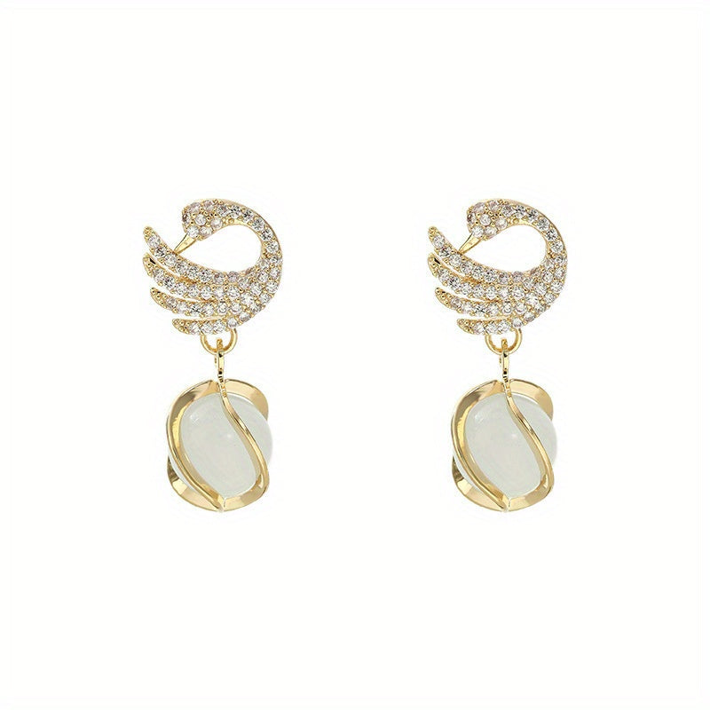 Elegant Swan Pendant Earrings - 14k Golden Plated, Alloy with Resin Accents, Perfect for Birthday & New Year Gifts