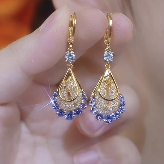New Golden Wire Mesh Artificial Crystal Droplet Shaped Pendant Earrings, Adorned with Rhinestone, Women'S Fashionable And Elegant Super Shiny Earrings, Perfect Jewelry Accessories And Gifts