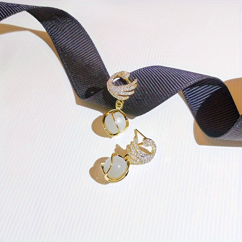 Elegant Swan Pendant Earrings - 14k Golden Plated, Alloy with Resin Accents, Perfect for Birthday & New Year Gifts