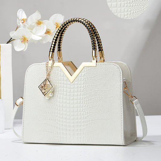 Fashion Crocodile Pattern Solid Color Large Capacity Tote Bag, White Women'S Handbag with Zipper Closure and Polyester Lining