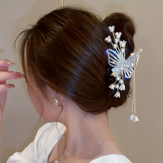 Elegant Butterfly Rhinestone Pearl Tassel Hair Clip – Large Zinc Alloy Fairy Accessory with Sparkling Crystals and Pearls, Perfect for Updos and Special Occasions, Butterfly Decorations