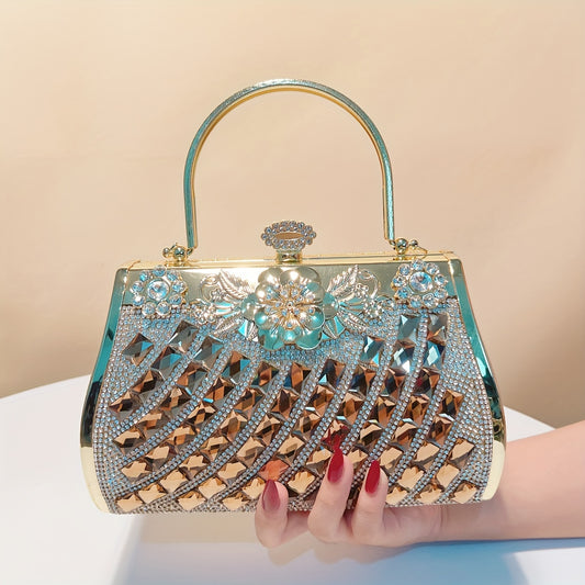 Elegant Golden Box Evening Bag with Rhinestones and Pearls - Luxurious Metal Handle Clutch, Intricate Beadwork, Polyester Lined for Weddings, Proms, and Formal Events