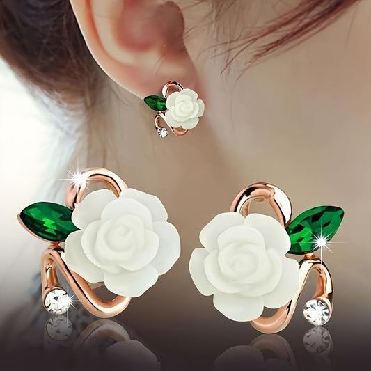 Elegant Rose Flower Stud Earrings with Sparkling Rhinestones - Chic Alloy & Resin Design for Women, Perfect for Daily Wear or Gifting