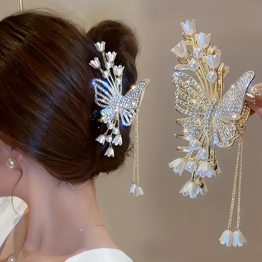 Elegante Schmetterlings-Haarnadeln aus Legierung mit Strasssteinen und Kunstperlen, große Haaraccessoires aus Metallquaste für Damen, perfekte Geschenkidee