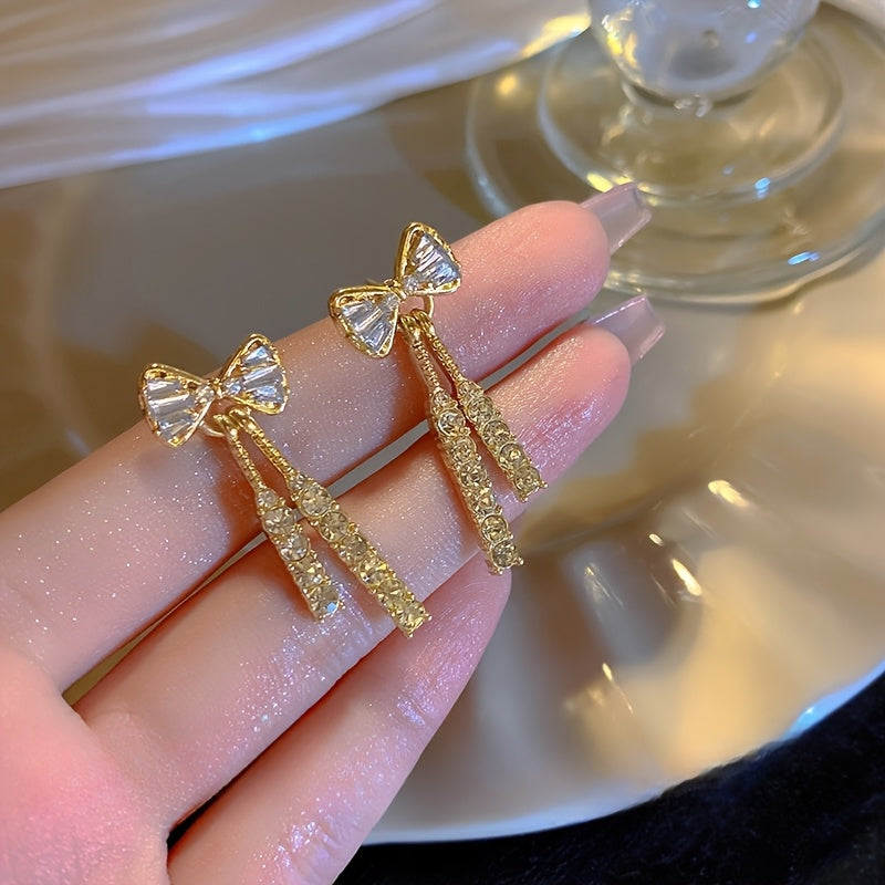 Elegant Bowknot Dangle Earrings with Sparkling Zirconia - Chic Alloy Fashion Jewelry for Women, Perfect for Daily Wear & Special Occasions