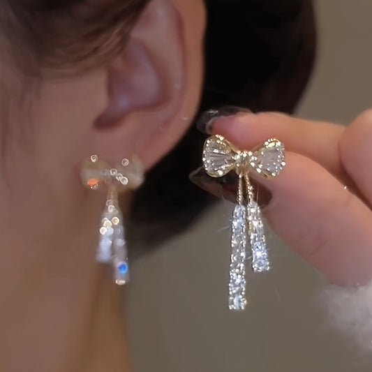 Elegant Bowknot Dangle Earrings with Sparkling Zirconia - Chic Alloy Fashion Jewelry for Women, Perfect for Daily Wear & Special Occasions