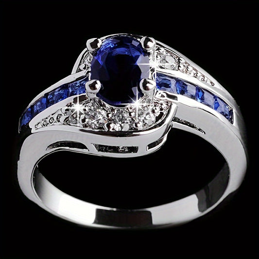 Elegant Blue Zirconia Ring - Chic & Simple Alloy Band with Sparkling Rhinestones, Perfect for Casual Attire or Gifting