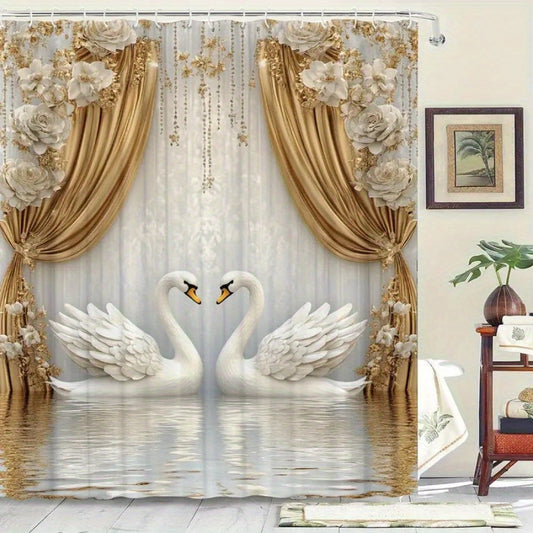 Elegant Swan Design Bathroom Drapery - Waterproof Woven Polyester Fabric with Easy Hang Hooks, Machine Washable, Artistic Floral & Golden Accents, Suitable for Home & Hotel