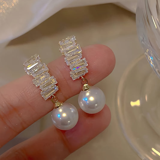 Elegant French-Inspired Faux Pearl & Cubic Zirconia Dangle Earrings - Luxurious Copper, Perfect for Parties & Everyday Glam