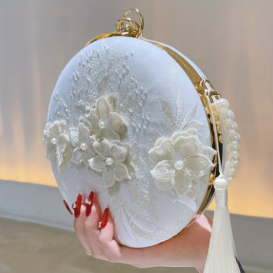 Floral Embroidery Round Evening Bag, Clutch Wedding Purse For Women, Party Banquet Flower Bag Hanfu Accessories
