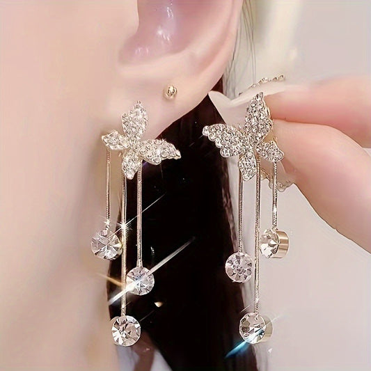 Elegant Butterfly Design Dangle Earrings with Sparkling Zirconia Accents - Golden-Tone Alloy, Perfect for Weddings & Everyday Glamour, Butterfly Earrings