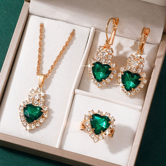 Elegant Jewelry Set for Women, Includes 1 Necklace, 1 Pair of Earrings & 1 Ring, Green & Rhinestone Inlay, Perfect for Daily Party Wear, Chic Gift Idea