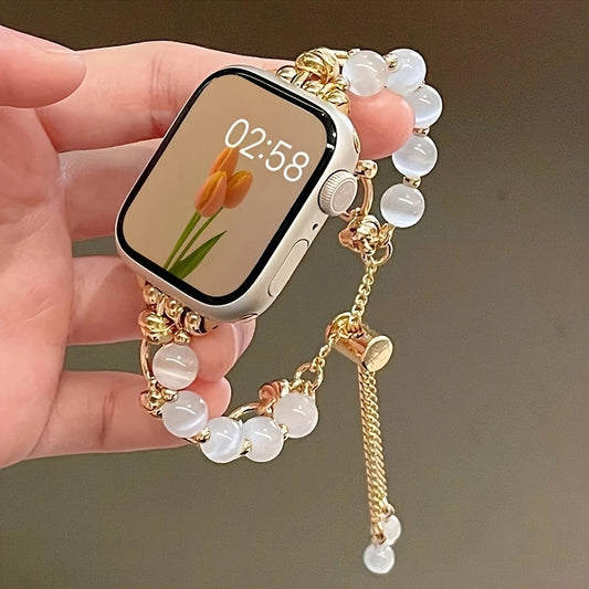 Elegant Women's Cat Eye Stone Bracelet Band Compatible with Apple Watch, Golden-Tone Alloy, Fits 38/40/41mm - Stylish Daily & Party Accessory