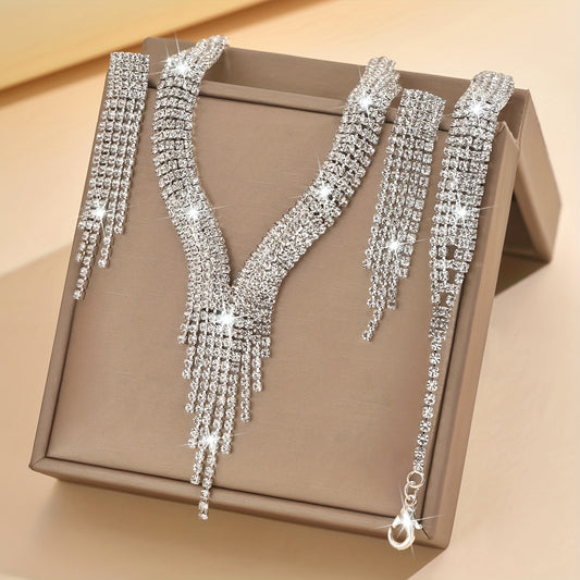 Elegant V-shaped Tassel Necklace, Silver Plated Copper Rhinestone Inlaid, Synthetic Stone, August Birthstone, Daily Party Occasion, Valentine'S Day Gift