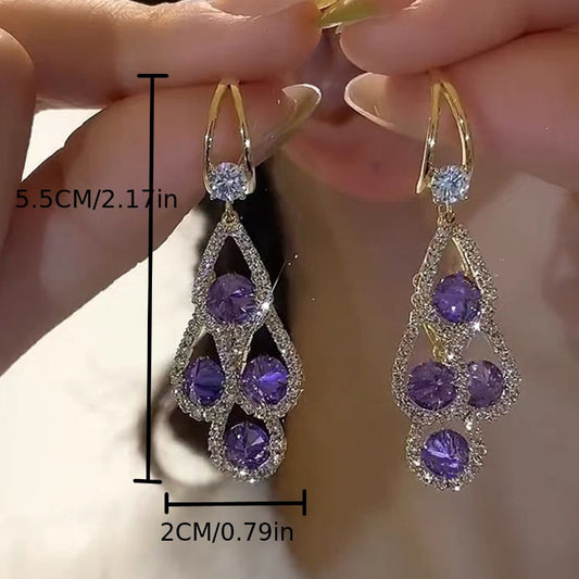 Elegant Purple Rhinestone Tassel Earrings - Luxury Water Drop Design, Alloy with 925 Silvery Posts for Women's Daily & Party Wear