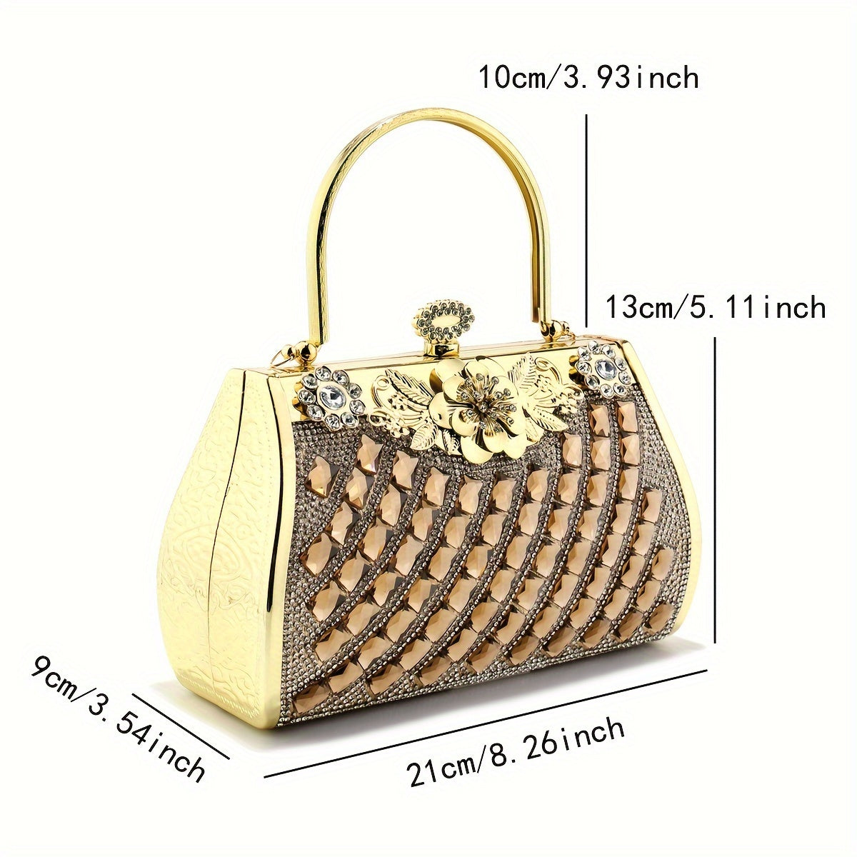 Elegante goldene Abendtasche mit Strasssteinen und Perlen – luxuriöse Clutch mit Metallgriff, aufwendige Perlenstickerei, Polyesterfutter für Hochzeiten, Abschlussbälle und formelle Anlässe